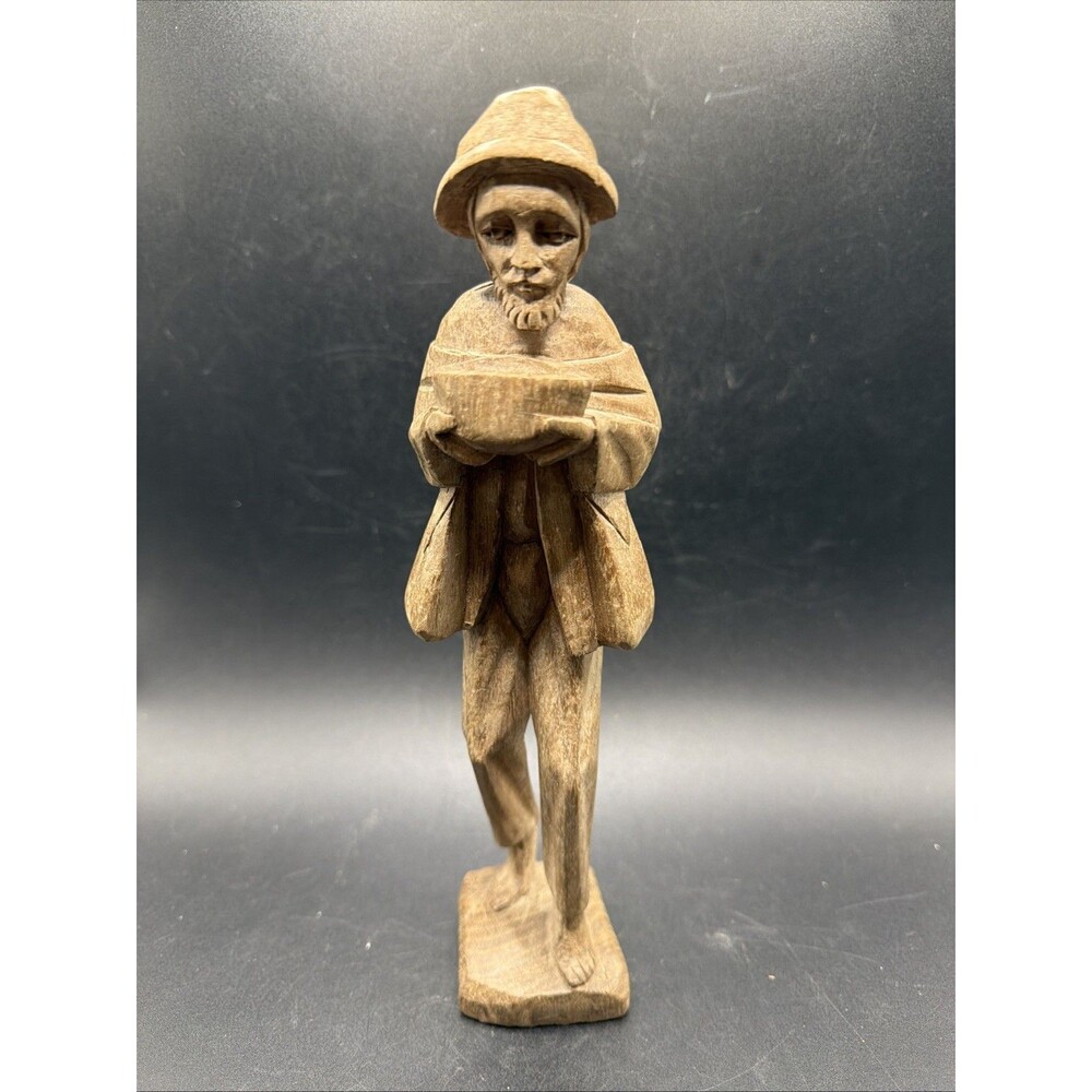 Vintage Hand Carved Wooden Figure Statue Old Man Traveler Barefoot Folk Art 10”